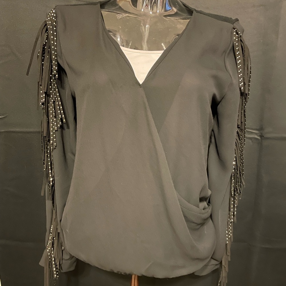 INC Black Blouse with Rhinestone Fringe